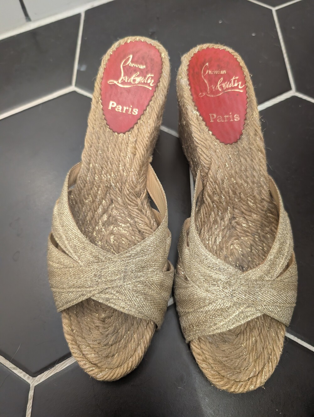 Louboutin Gold Ribbon Espadrilles, Size 39